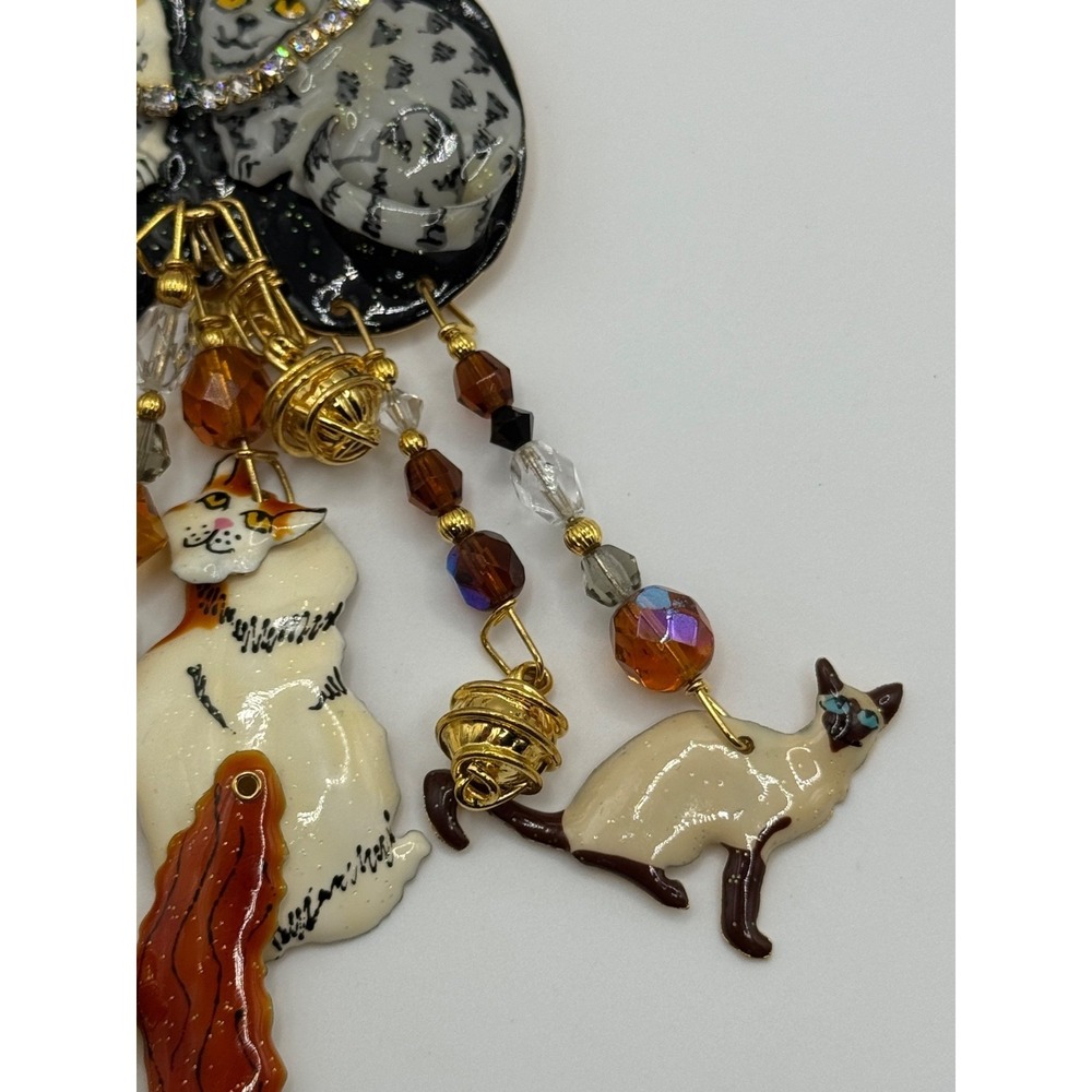 Lunch At The Ritz Cat Rhinestone Enamel Dangle Brooch - Picture 8 of 13